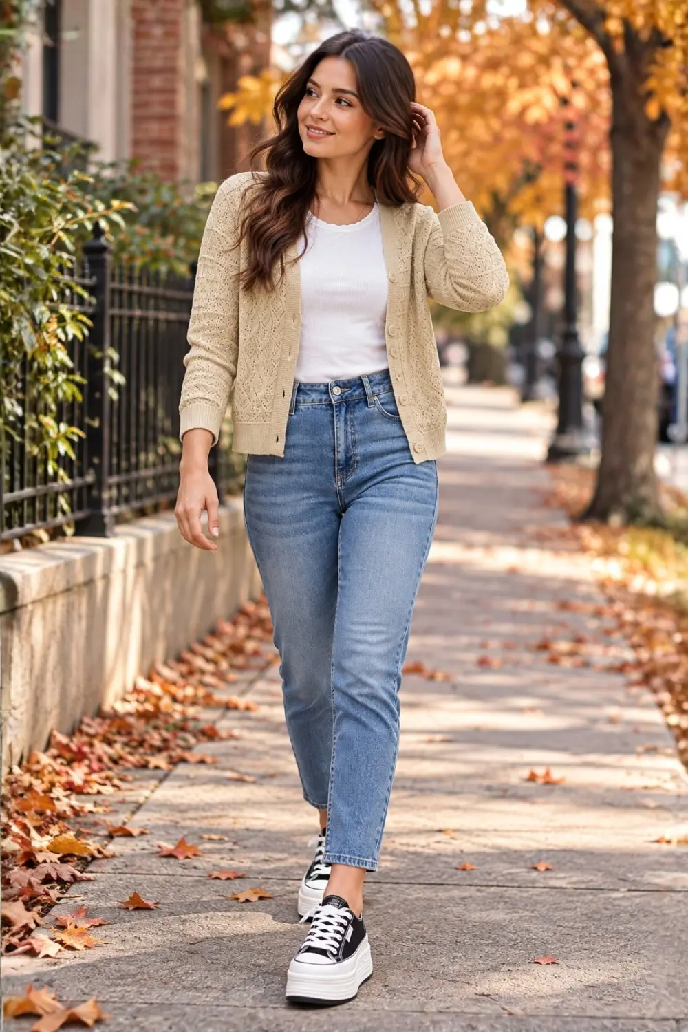 Casual fall outfit ideas for women featuring a white tee, beige cardigan, straight-leg jeans, and black-and-white sneakers