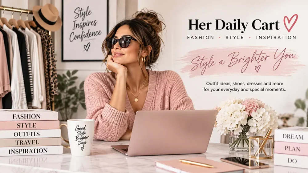Her Daily Cart fashion and style inspiration featuring a woman surrounded by clothing, fashion books, and stylish workspace decor.