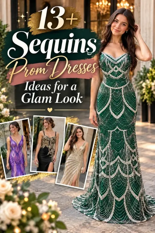 Feature image showing sequins prom dresses in emerald, purple, black, and champagne styles for a glam look.