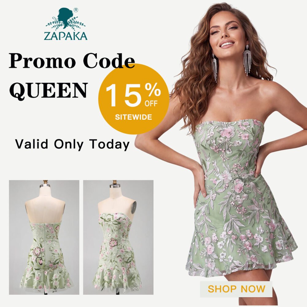 Zapaka promo code QUEEN for 15% off sitewide, featuring a green floral embroidered dress