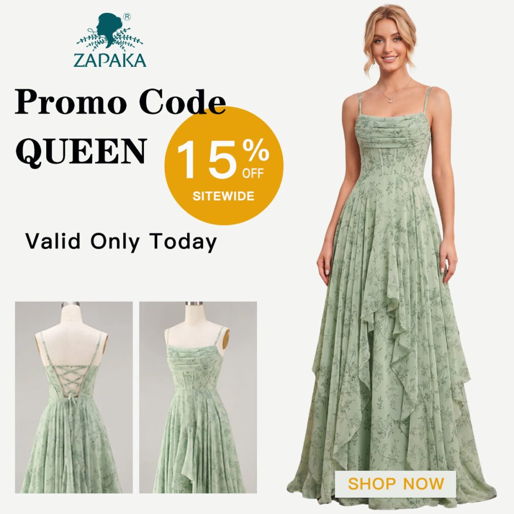 Zapaka promo code QUEEN for 15% off sitewide, featuring a green floral dress