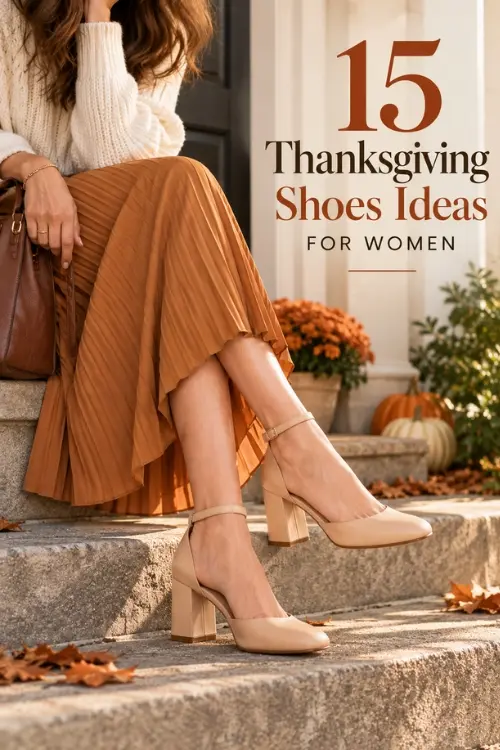 15 Thanksgiving shoes ideas for women featuring nude block heels, a camel pleated skirt, and an ivory sweater styled for a cozy fall celebration.