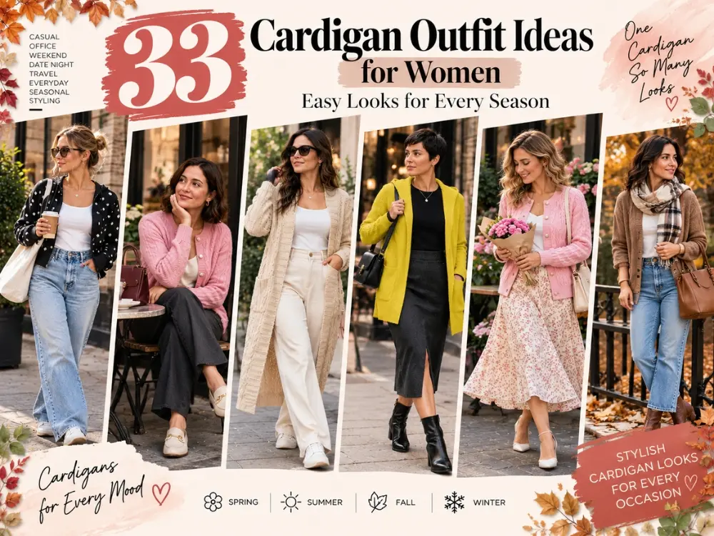 33 cardigan outfit ideas for women featuring casual, chic, cozy and seasonal cardigan looks for spring, summer, fall and winter.