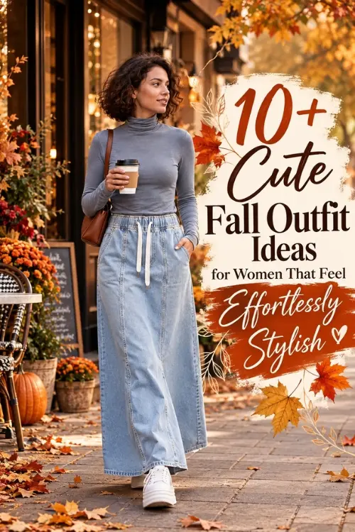 Cute fall outfit ideas for women featuring a cozy gray turtleneck, denim maxi skirt, white sneakers, and autumn street style.