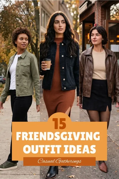 15 Friendsgiving outfit ideas featuring women in casual fall outfits with sweaters, jackets, denim, and neutral layers.