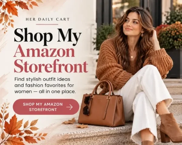 Her Daily Cart Amazon storefront banner featuring a woman in a camel coat, burgundy top, and white trousers carrying an ivory handbag, highlighting stylish women's outfits and seasonal fashion finds.