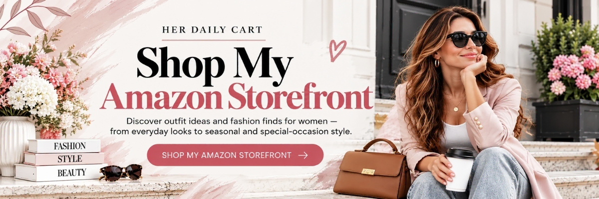 Her Daily Cart homepage image featuring a stylish woman in a blush pink blazer and promoting women's fashion finds on Amazon.