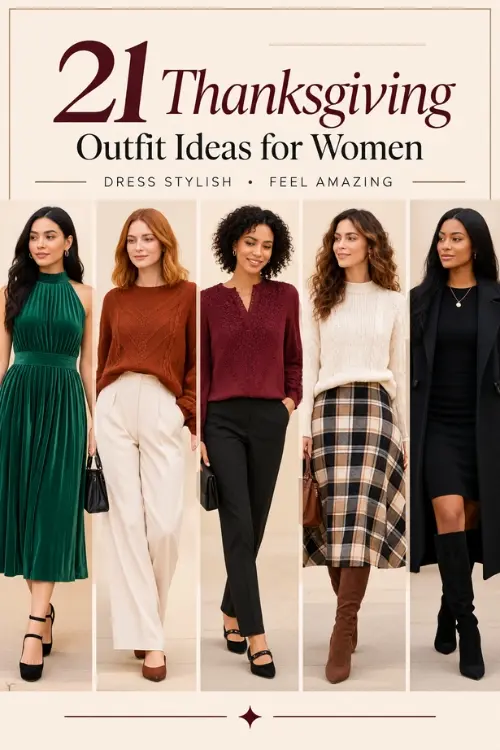21 Thanksgiving outfit ideas for women featuring chic dresses, cozy sweaters, tailored coats, plaid skirts, and stylish boots in a minimal fashion collage.